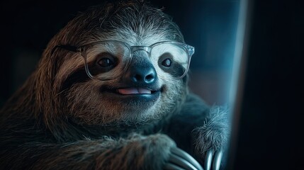 A sloth wearing glasses programs on a computer, text on a transparent monitor. He smiles slyly. Dark room.