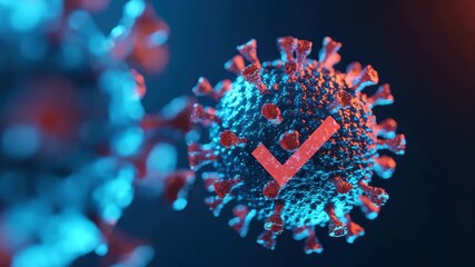 Abstract rendering of a SARS CoV 2 or COVID 19 virus molecule The dark blue particle displays a prominent red confirmation checkmark symbol - Powered by Adobe