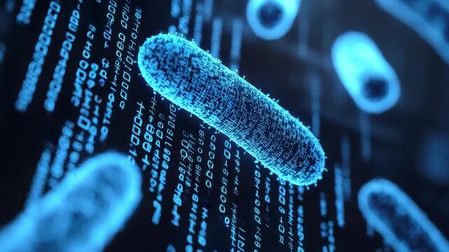 Glowing blue digital visualization of a rod shaped bacterium or microbial cell structure The organism is rendered with circuit patterns against a dark background of blue 