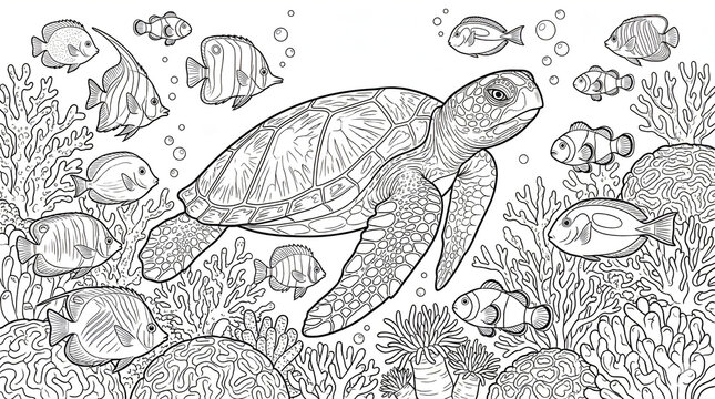 Sea turtle vector line art in underwater coral reef. Marine life illustration with tropical fish and ocean plants. Black and white outline coloring book page for adults and kids.