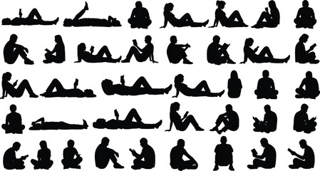 Silhouettes of people sitting, reading, relaxing on ground, diverse poses collection, isolated human figures for design, illustration, lifestyle concept artwork use