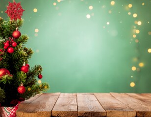 Christmas background with xmas tree, Christmas red decoration and sparkle bokeh lights on green background. Merry Christmas greeting card. Winter holiday theme. Happy New Year. Space for text