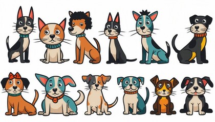 A collection of cartoon-style dogs in various colors and poses, all wearing collars. The image is clean and suitable for various design projects related to pets, animals, or children's content.