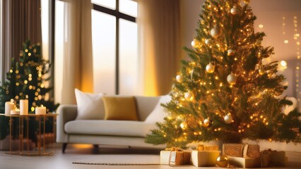 Elegant Christmas Tree in Cozy Living Room with Soft Golden Lights and Warm Festive Mood