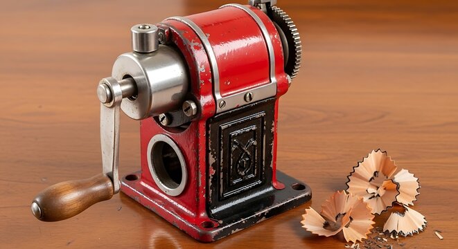 Vintage red metal pencil sharpener with wooden handle and shavings on a wooden desk - Powered by Adobe