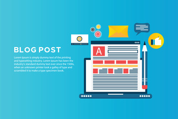 Content Creation Illustration of a person writing a blog post on a laptop, representing content creation, blogging, writing,