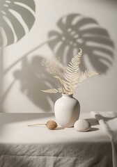 Minimalist still life of dried foliage in vase casting dramatic leaf shadows