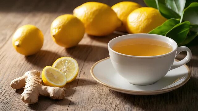 Hot amber colored tea in a white cup and saucer is placed on a rustic wooden surface Fresh ginger root and whole and sliced lemons are displayed nearby