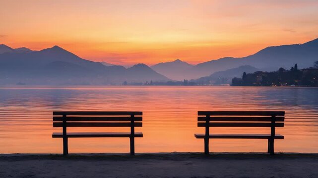 Two empty wooden benches silhouette against a vibrant orange and pink sunrise reflecting on the tranquil lake surface Layers of hazy mountains line the horizon