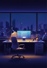 Modern workspace with cityscape backdrop and illuminated workstation