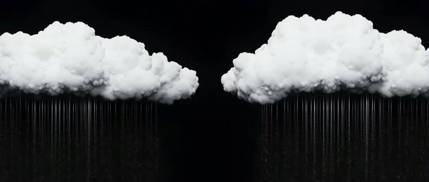Digital rendering of white cumulus clouds against a black background Heavy vertical rain lines simulate a storm cloud effect Three dimensional weather