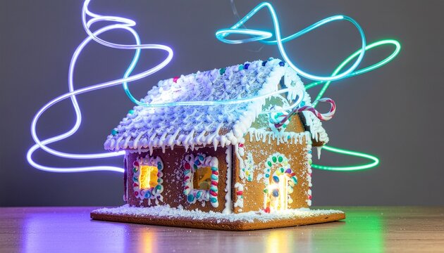 A psychedelic gingerbread house melting into vibrant neon patterns, with candy canes glowing like LED tubes, creating a dreamy chromatic Christmas aesthetic in ultra-detailed digital art.