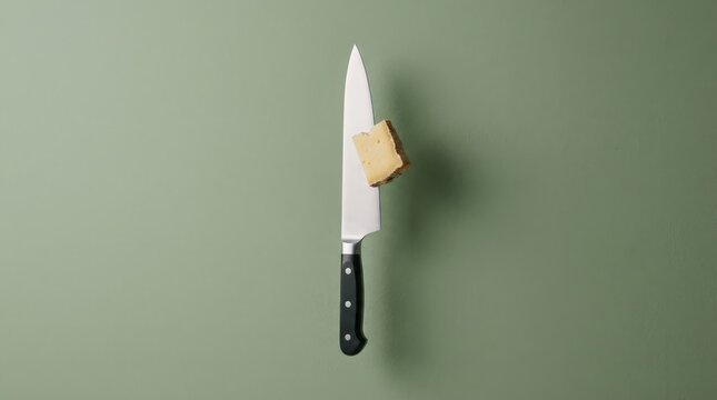 Sharp kitchen knife with a black handle is positioned vertically against a green background, showcasing a piece of cheese balanced on the blade, emphasizing culinary artistry and precision