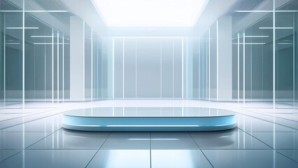 Minimal Futuristic Studio with Transparent Glass Pedestal and Soft Volumetric Lighting for Premium Cosmetic Display