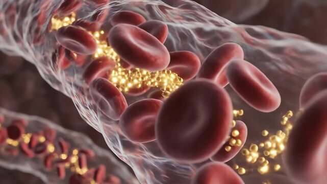 Hormone release, shown as luminous particles detaching from colloid and entering surrounding capillaries, blood cells drift past gently, carrying the hormones through narrow vessels