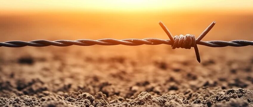 A close up view of sharp barbed wire fencing stretched horizontally above dry dusty ground The background shows a warm bright sunset light