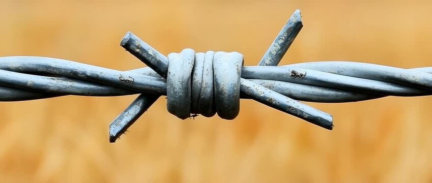 Close up shot of a galvanized metal barbed wire strand The sharp security barbs are visible highlighting the boundary and confinement theme Warm bokeh background