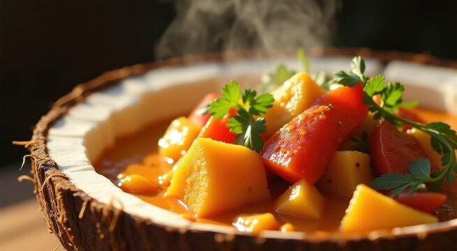 Close-up coconut curry with vibrant ingredients and rising steam
