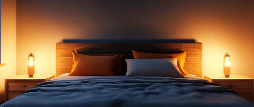 Dark bedroom interior with a central bed and wooden headboard Warm table lamps on nightstands cast orange light highlighting the dark blue duvet and stacked pillows