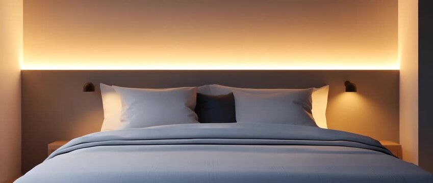 Modern luxury bedroom featuring a cozy bed dressed with white pillows and gray duvet Recessed ambient lighting and functional bedside sconces provide a warm inviting glow