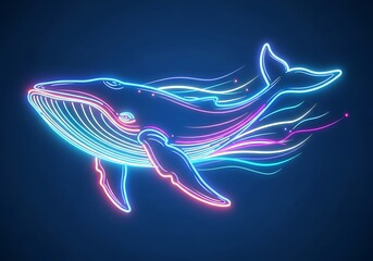Neon whale digital artwork in a dark blue background atmosphere