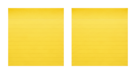Two blank yellow sticky note pads with ruled lines for reminder messages on transparent background.