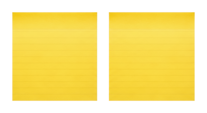 Two blank yellow sticky note pads with ruled lines for reminder messages on transparent background.