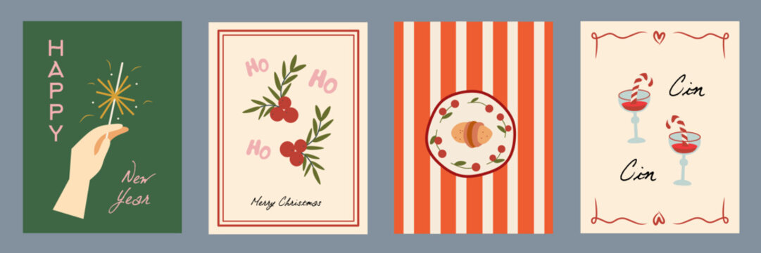 Christmas card designs set. Modern winter template cute hand drawn vector with hand, cake, dessert elements. Vintage italian whimsical style. La dolce Vita. Cin cin