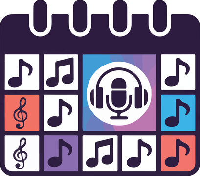 Music event calendar vector icon displaying musical notes and a central headphone microphone symbol for audio content scheduling