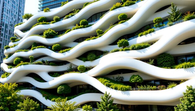 A unique, modern building with an artistic design that incorporates plants and nature elements. The building features an eye-catching.