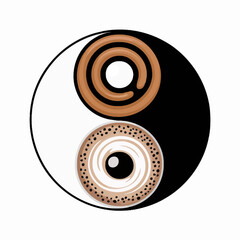 A yin yang symbol featuring intricate circular patterns coffee with cinnamon roll  The design blends traditional symbolism with modern geometric elements.
