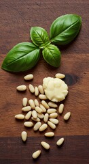 Vibrant fresh basil leaves and nutritious buttery pine nuts scattered on a rustic wooden surface, highlighting essential ingredients for cooking ,pine nut ,ingredient ,vibrant