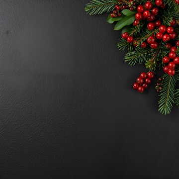 Christmas tree banches and red berries background