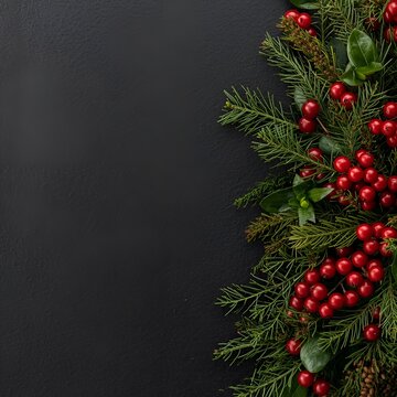 Christmas tree banches and red berries background