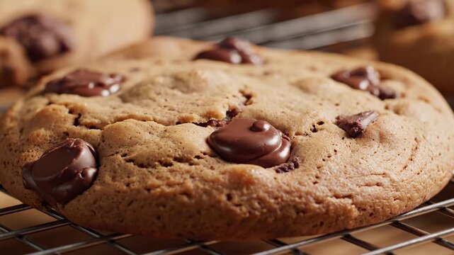 Irresistible warm chocolate chip cookies on a wire rack showcasing their golden-brown perfection and melty chocolate bits a delightful sweet treat