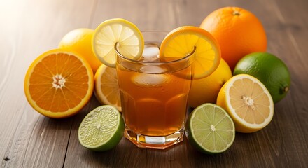 Refreshing Citrus Beverage with Lemon, Orange, and Lime on Wood Table