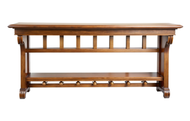 Elegant wooden console table with two shelves and decorative pegs