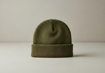 Stylish olive-green beanie hat, minimalist aesthetic and cozy appearance