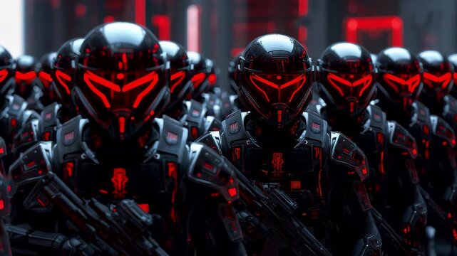Armored robotic soldiers standing in formation with glowing red visors, advanced combat suits, reflective armor plates and a dark high-tech environment