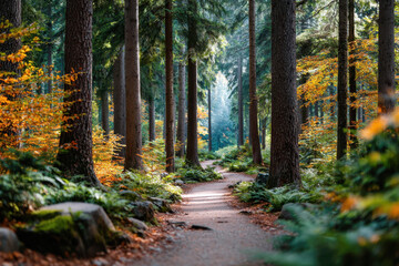 Naklejka premium Autumn Forest Path with Sunlight and Colorful Trees