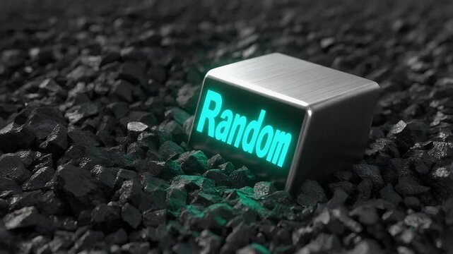 Glowing green 'Random' button on dark coal background, digital render for choice and selection