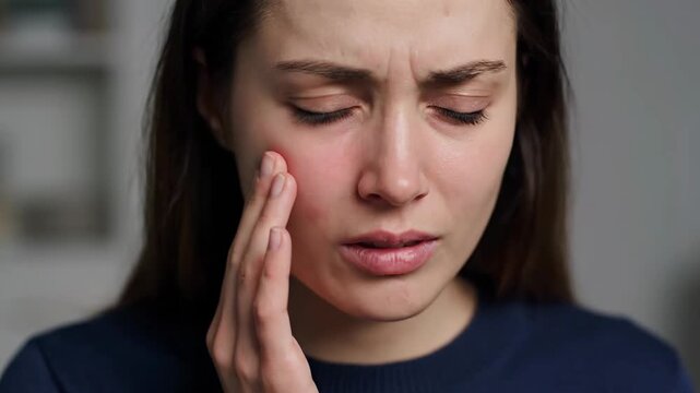 Distressed woman with red inflamed cheek and painful expression due to facial skin irritation