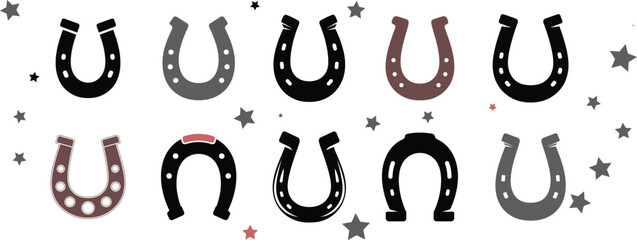 Collection of horseshoe silhouettes in various colors and designs vector graphics lucky charm symbol wild west icon western emblem traditional rustic object