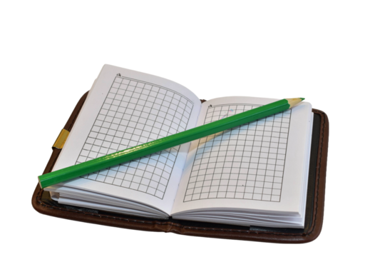 An open notebook with checkered sheets and a pencil lies on a white background.