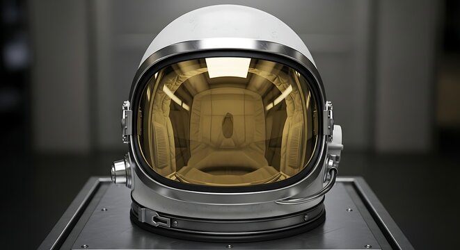 Close up of a futuristic white astronaut helmet with a golden reflective visor on display