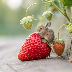 A tiny rabbit nestled inside a ripe strawberry, clear with a beautiful background.