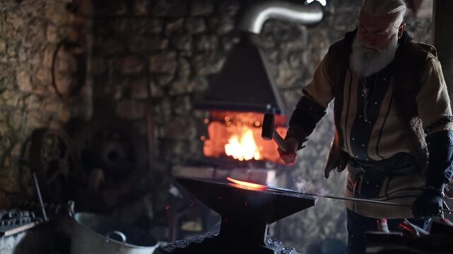 A Viking blacksmith with a white beard and braided hair works intently at a forge, hammering glowing metal on an anvil, with flames flickering in the background of a stone workshop cinematic slow