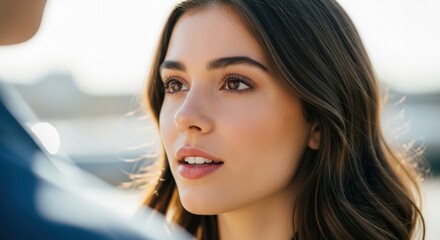 Young woman listening intently outdoors with thoughtful expression
