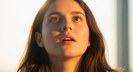 Young woman gazing skyward with a hopeful expression at sunset