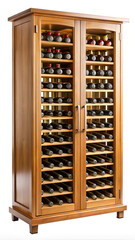 Elegant wooden wine cabinet filled with many bottles on white